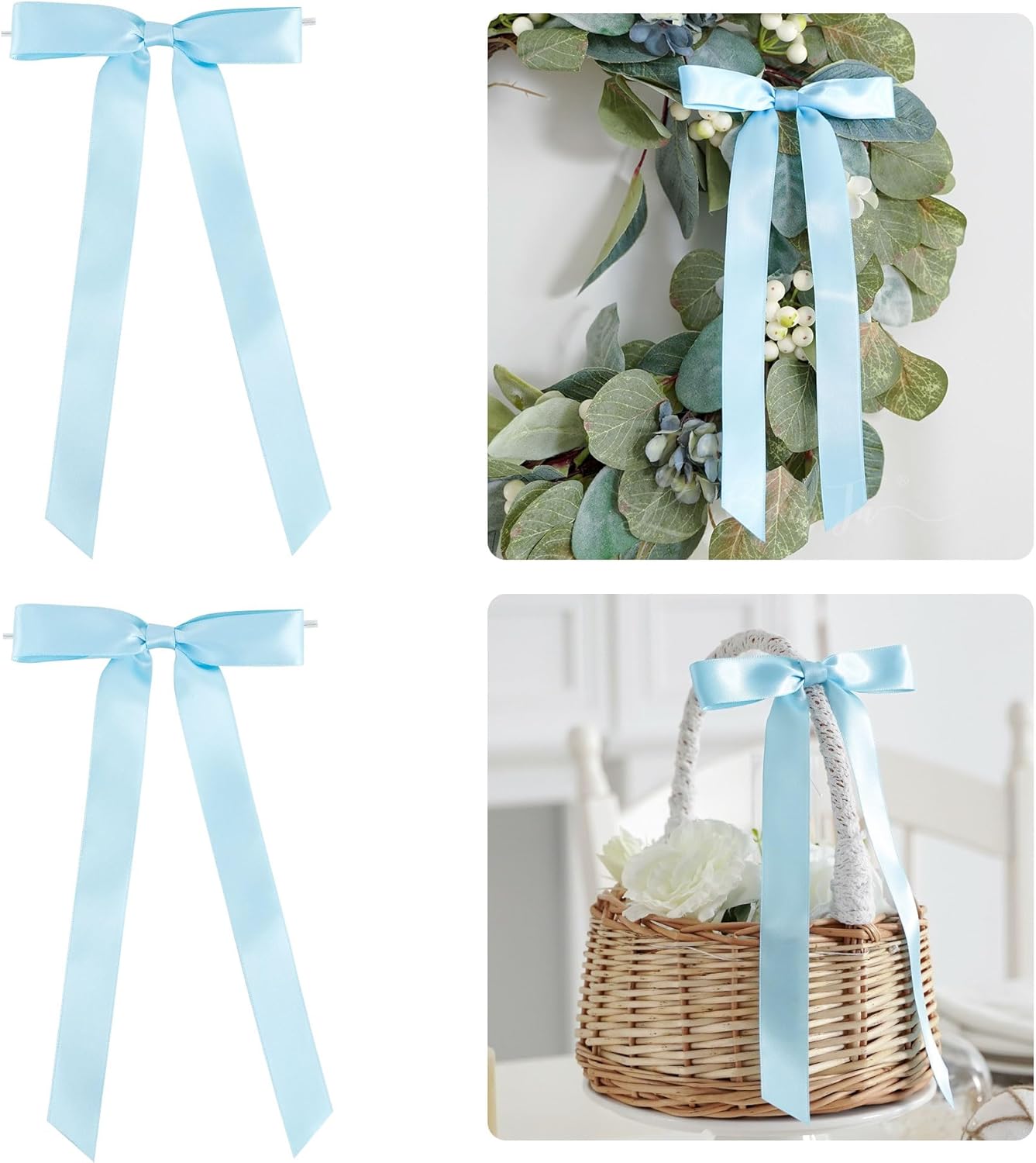 50 PCs Blue Bow Decor 5.5'' Satin Bows with Long Tail, Twist Tie Bows for Craft, Packaging Ribbon Bows, Premade Bows for Cake Decorating, Gift Bows for Treat, Wedding Favor, Party