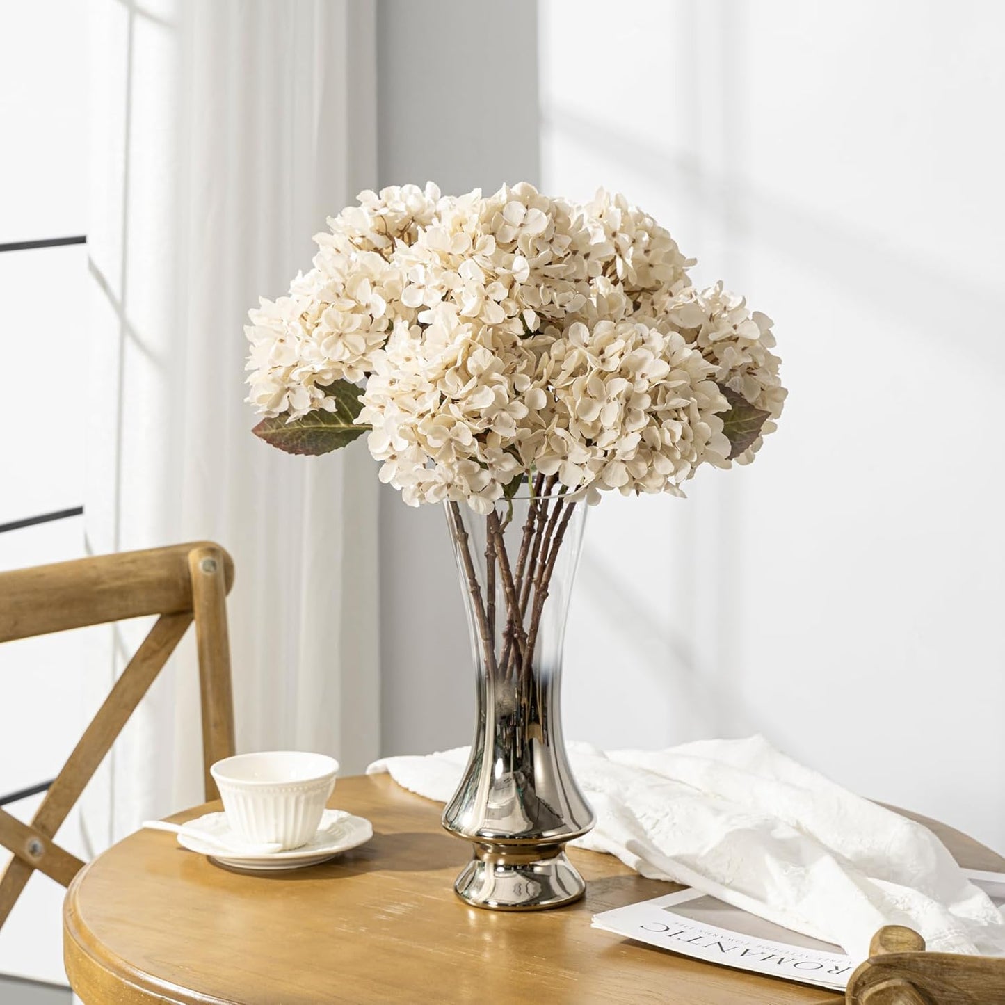 Artificial Flower Fake Silk Hydrangea Heads Bouquet with Stems Bulk for Fall Decoration Table Center Christmas Indoor Outdoor Faux Floral Realistic with Leaves Plants Crafts 8PCS(White)