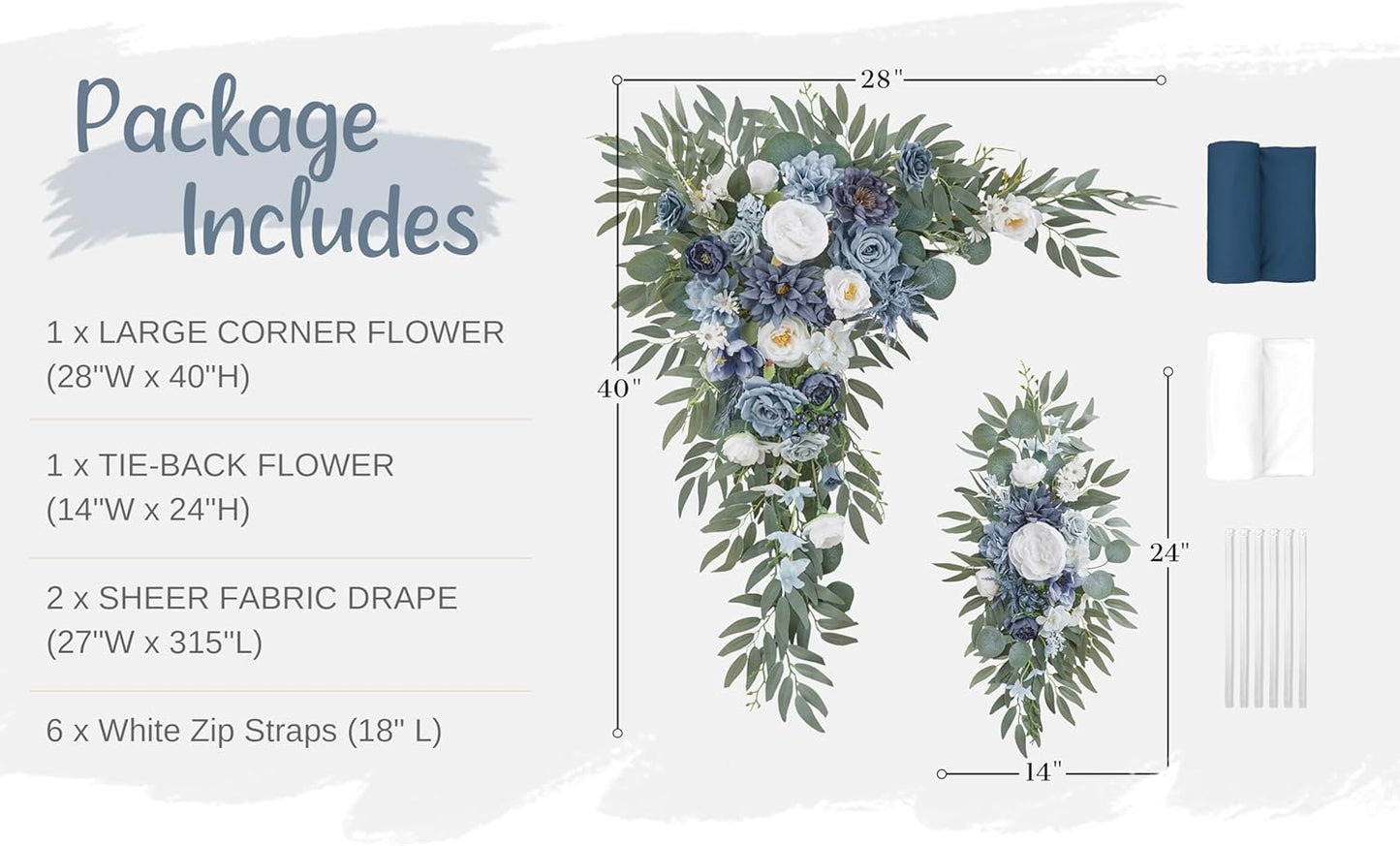 Wedding Arch Flowers with Drapes Kit (Pack of 4) - 2pcs Artificial Dusty Blue Deluxe Swag with 2pcs Sheer Drapes for Wedding Ceremony Arbor Reception Backdrop Rose Floral Decoration