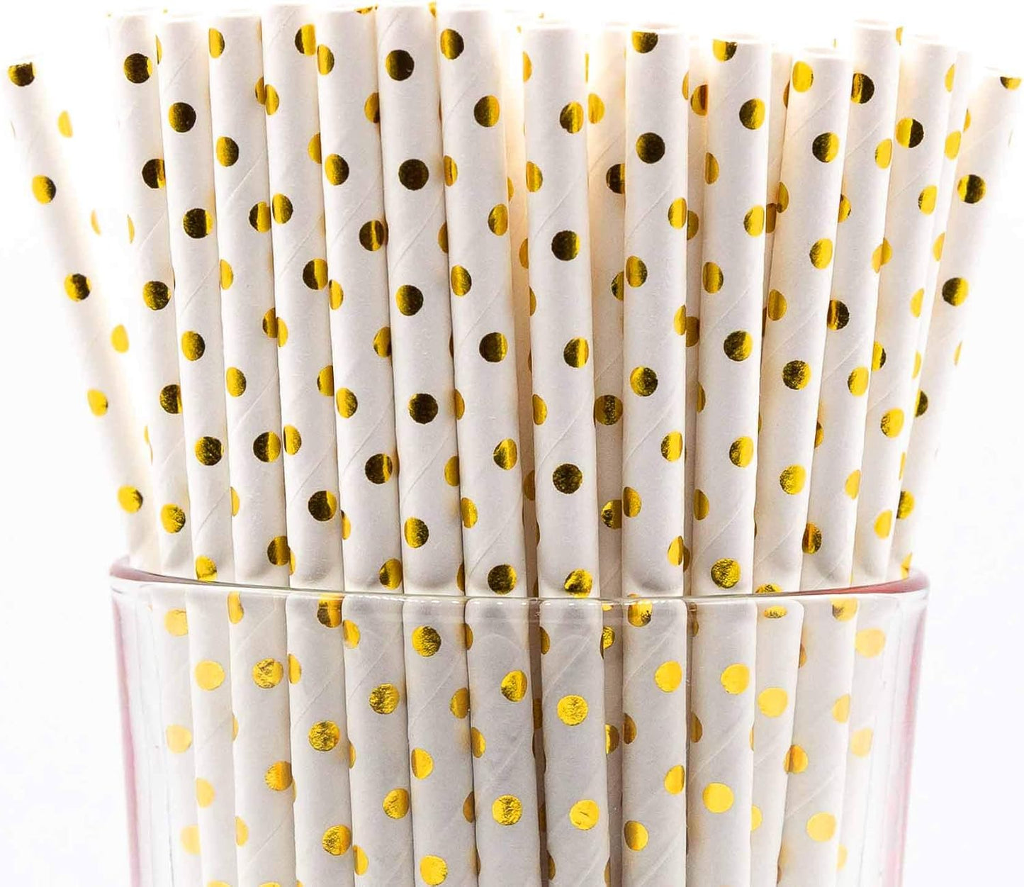 Pack of 300 Gold Polka Dot Foil Biodegradable 4-Ply Paper Drinking Straws (Compostable, Non-toxic, BPA-free)