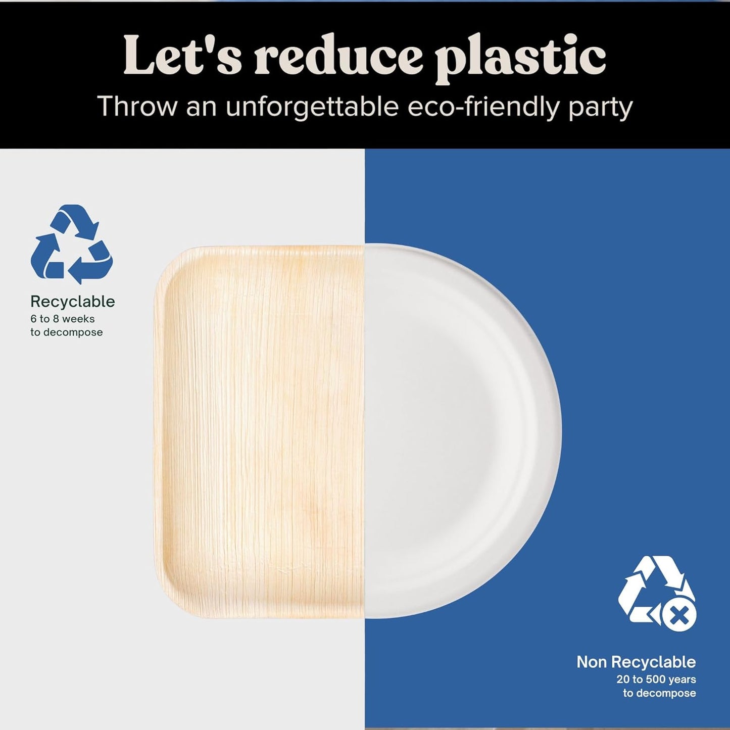 Luxe Designs Palm Leaf Plates - Eco-Friendly Alternative to Bamboo & Plastic - Heavy-Duty Compostable & Biodegradable Party Plates - Microwave & Oven Safe Dinnerware - 50 10"x25 & 8"x25 with Utensils