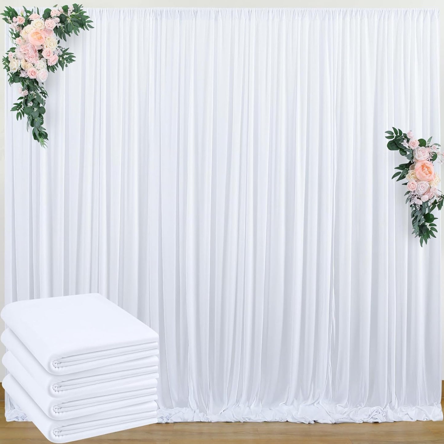 20 ft x 8 ft White Backdrop Curtain Drapes for Wedding Parties, 4 Panels 5 ft x 8 ft Wrinkle Free Polyester Photo Drapes for Birthday Party Baby Shower Backdrop Stand