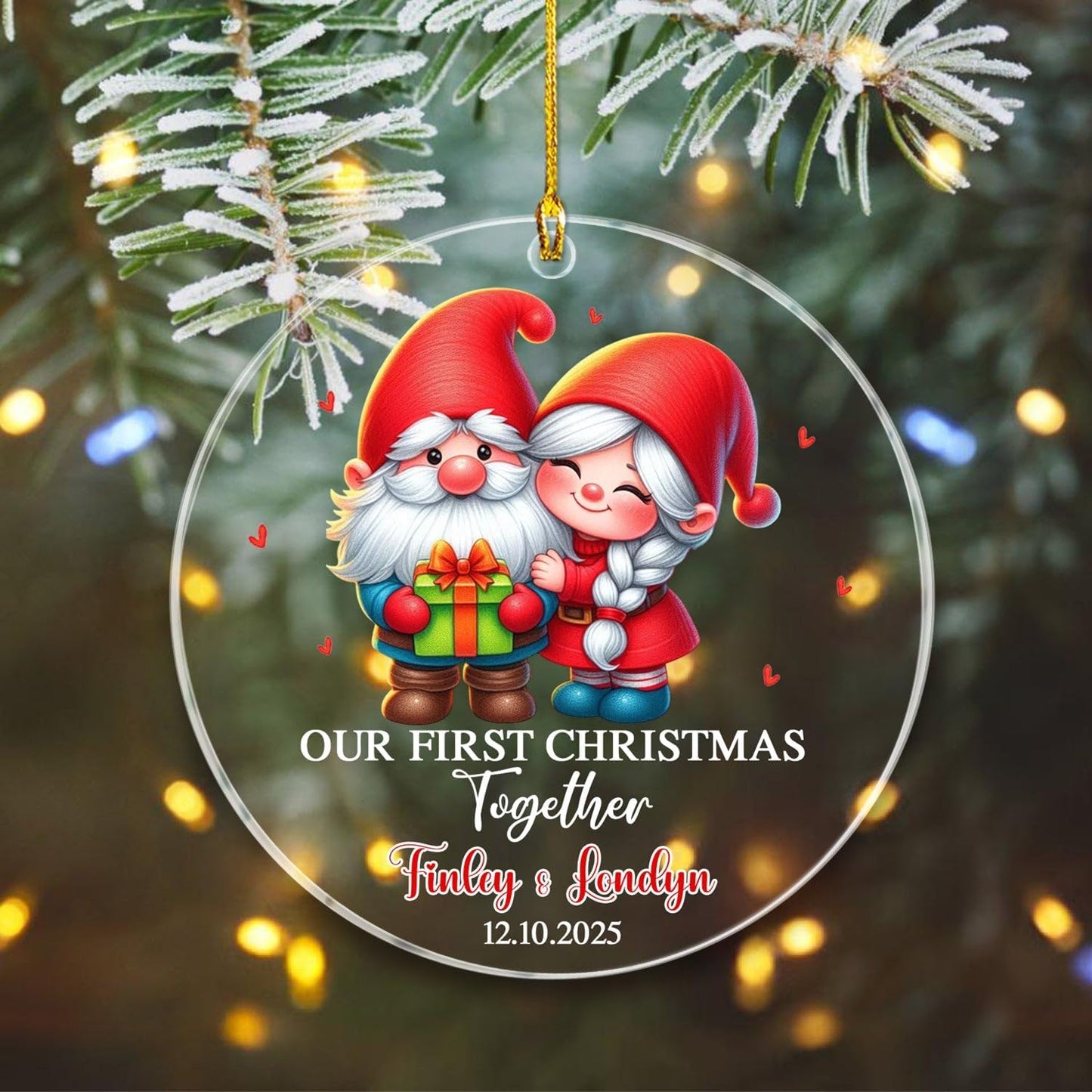 Personalized Our First Christmas Together Ornaments, 1st Christmas Together Ornament Gift for Mr & Mrs Newlyweds Bride & Groom, Customized Date & Names Couple Engaged Gnome Ornament for Anniversary