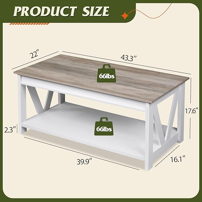 WLIVE Farmhouse Coffee Table, Modern Center Table - Image 3