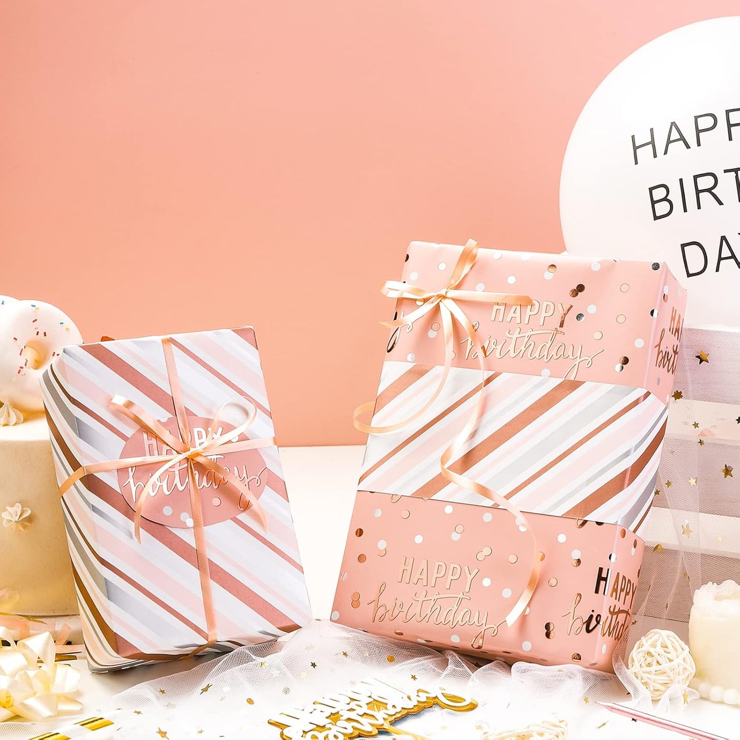LeZakaa Reversible Pink Birthday Wrapping Paper Roll for Girls Women, Happy Birthday Lettering & Stripe Pattern with Metallic Foil in Pink, Large Roll, 30 inches x 32.8 Feet (92.9 sq.ft.)