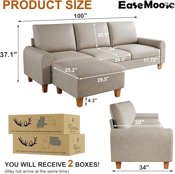 EASE MOOSE Large Seat Faux Leather L Shaped Sofa, Waterproof and - Image 2