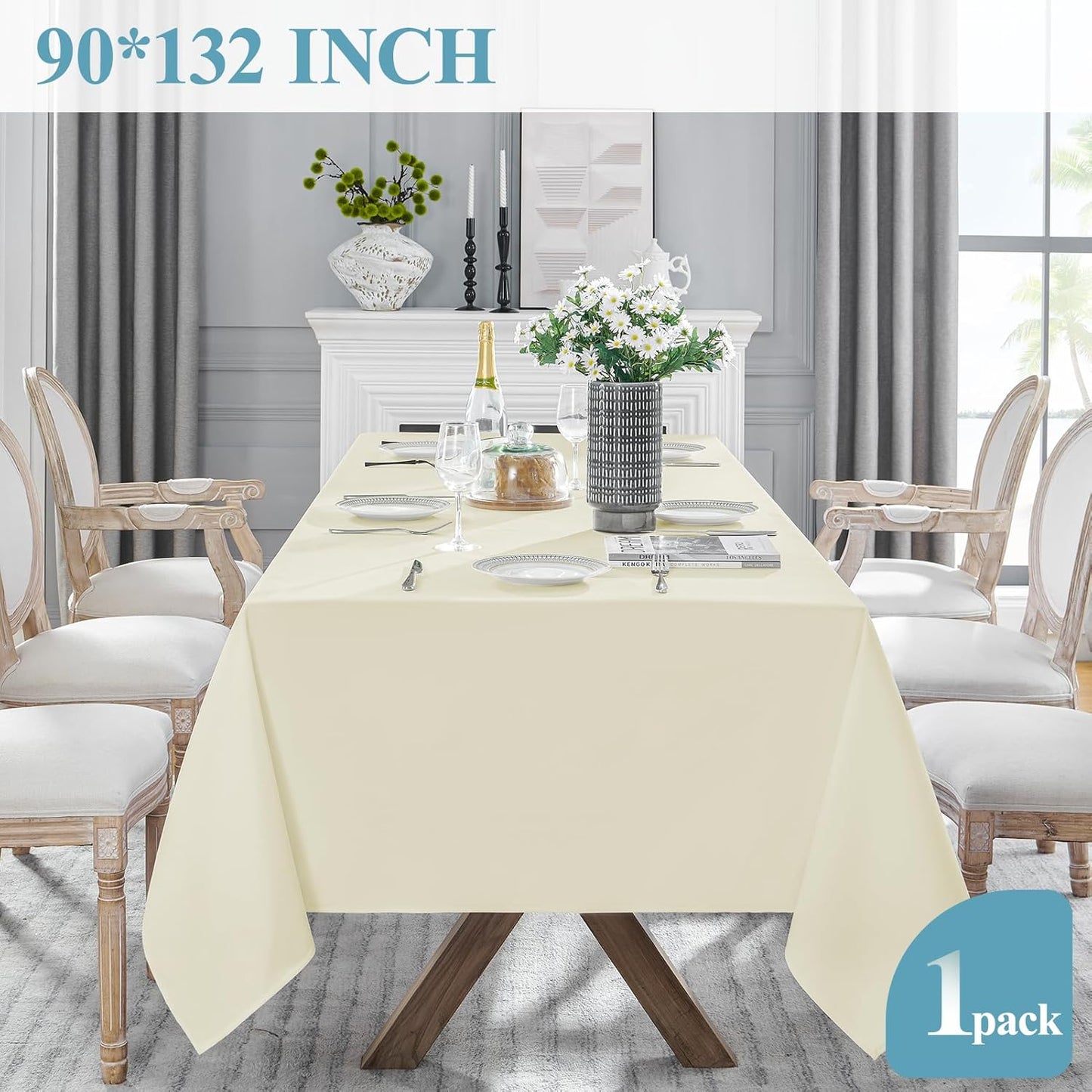 VidaFete Tablecloth 90 * 132inch Rectangle Table Cloth Polyester, Stain Wrinkle Resistant Polyester Dining Table Cover for Kitchen Dinning Party Wedding Rectangular Tabletop Buffet Decoration(Ivory)