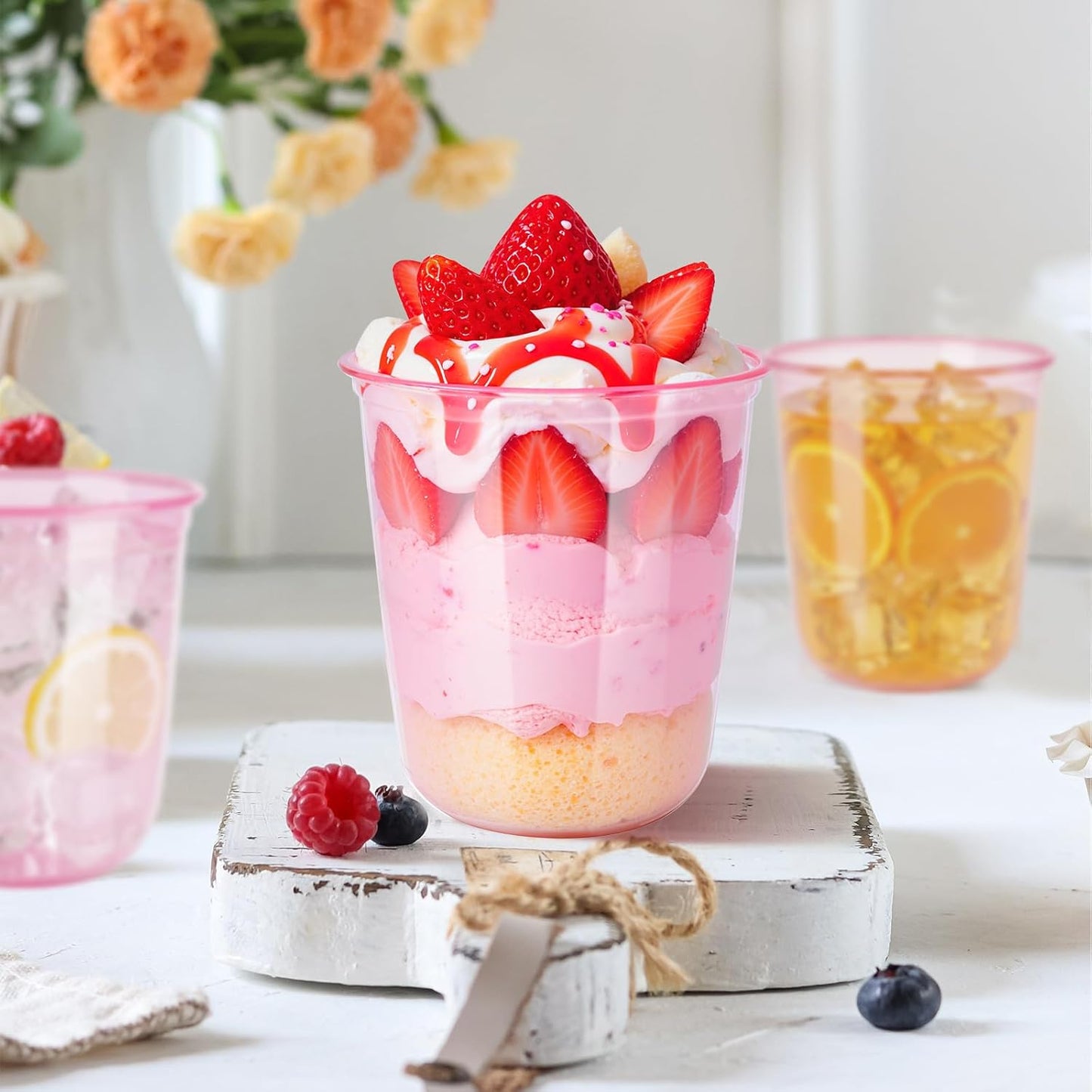 60 Pcs Disposable Stemless Clear Glasses 12 oz NATURAL Arc Crystal Plastic wine glasses Clear Classic Pet Cup for Meeting Weddings Birthdays Cocktail Christmas Party Supplies(Pink)