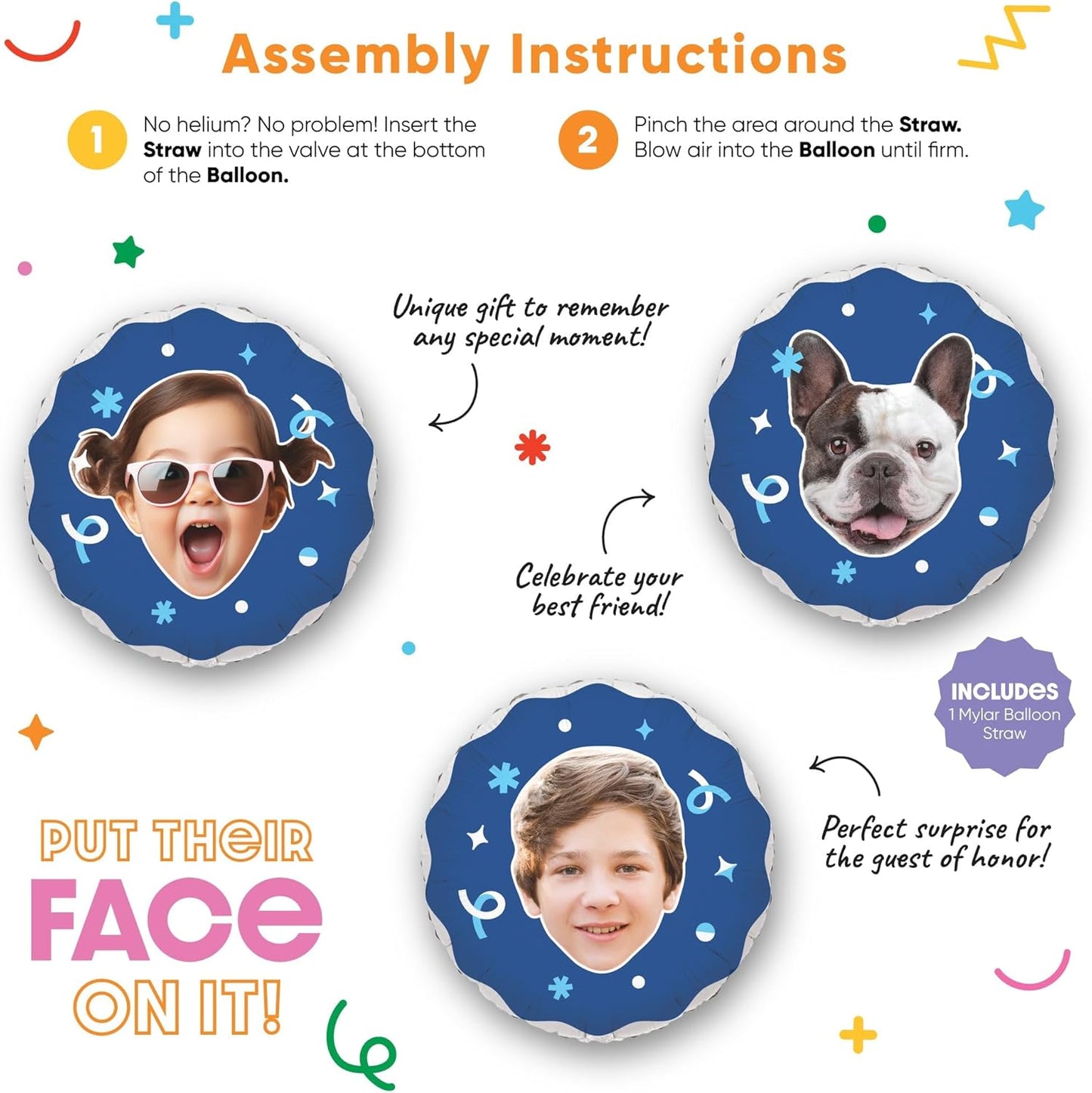 Big Dot of Happiness Personalized Fun Face Photo Blue Balloons, Custom Birthday Balloons, Boy Baby Shower Decorations, Bachelorette Party Decor, Bridal Shower, Double-Sided Mylar Balloon, 1 Piece