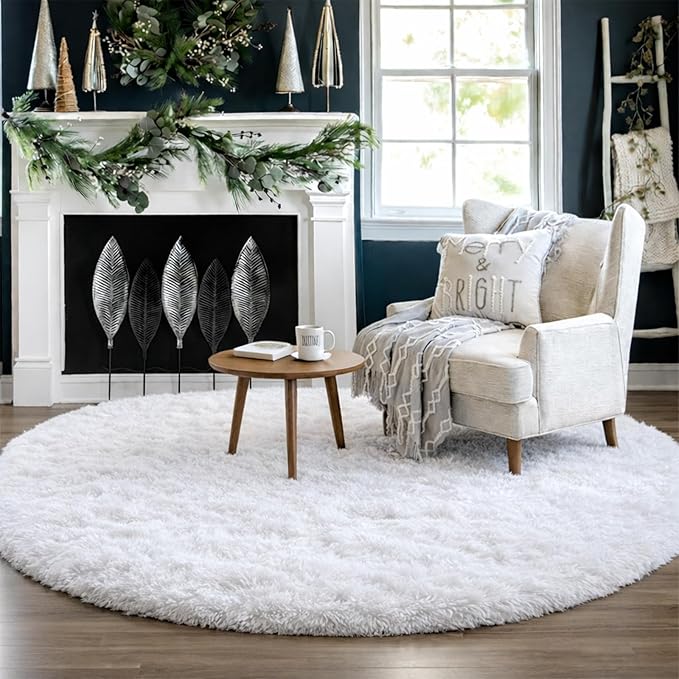 Round Rugs 5Ft White Circle Area Rug, Fluffy Fuzzy Bedroom Carpets - Image 8