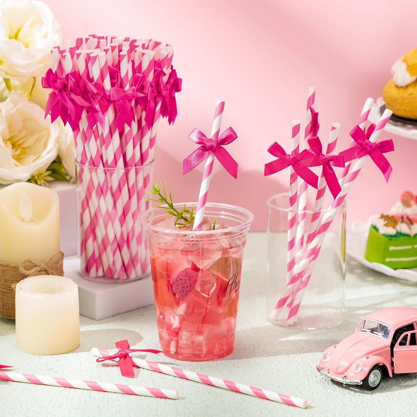100 Pcs Rose Red Paper Straws for Drinking, Bow Disposable Striped Paper Straws Bulk Rose Red Theme Birthday Party Supplies for Wedding Cake Decorations Bachelorette Baby Shower