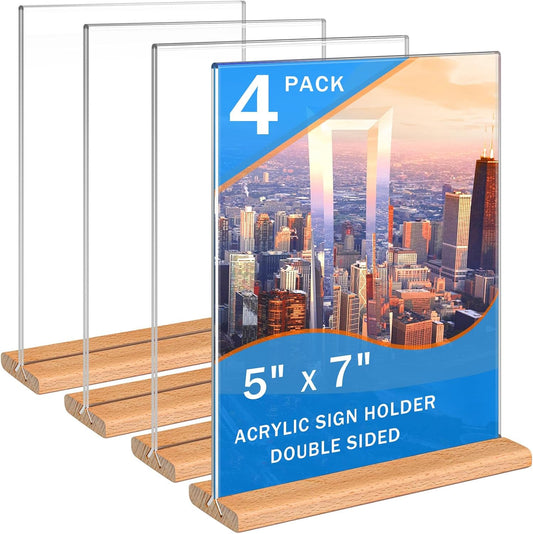 Kersally Acrylic Sign Holder 5 x 7, 4 Pack Double-Sided Clear Table Display Stands with Wood Base,Vertical Acrylic Frame Menu Flyer Paper Holder for Stores, Restaurants, Hotels, Office, Show Fair