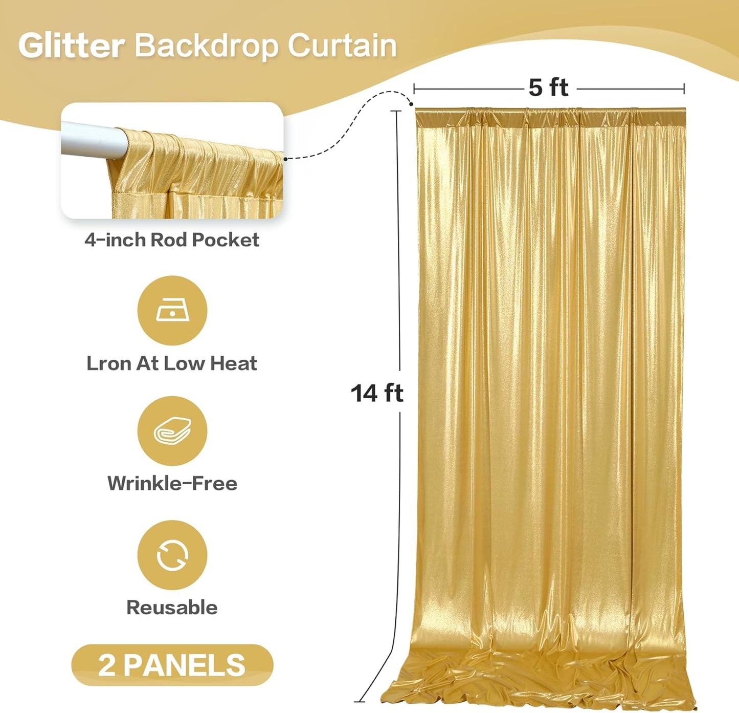 gogoparti 10x14FT Gold Sequin Backdrop Curtain - 2 Panels of 5x14FT Wrinkle-Free Reusable Glitter Drapes for Photography, Weddings, Birthdays & Parties