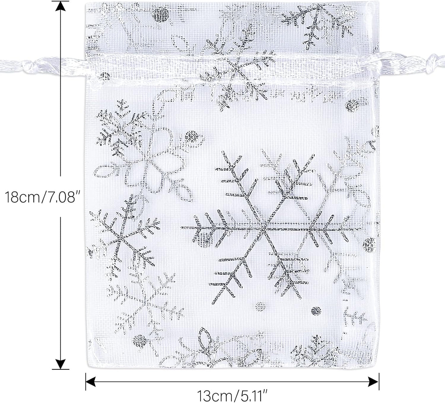 jijAcraft 5x7 Inch Christmas Organza Bags - 50Pcs White Snowflake Gift Bags with Drawstring, Xmas Party Favor Sheer Mesh Pouches for Winter Gift, Candy, Jewelry Bag