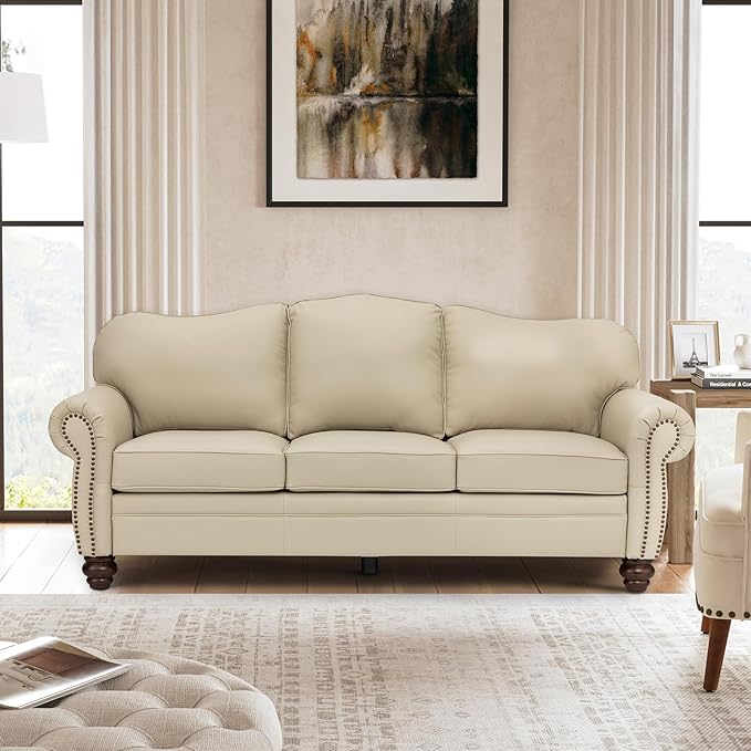 81" Genuine Leather Sofa, Classic 3-Seater Couchs by Thesupportyouneed