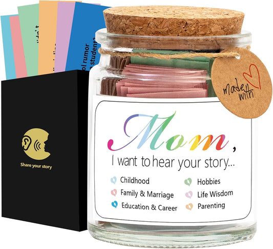 Mom, I Want to Hear Your Story Jar with 90 PCS Cards, Mothers Day Birthday Gifts From Daughter Son, Christmas Mother in Law New Mom Gifts Conversation Cards for Family