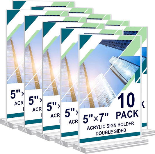 Acrylic Sign Holder 5x7, 10 Pack Clear Double Sided Table Menu Vertical Display Stand Desktop Display Stand Paper Holder Table Sign Suitable for Restaurants Office Store Show Fair