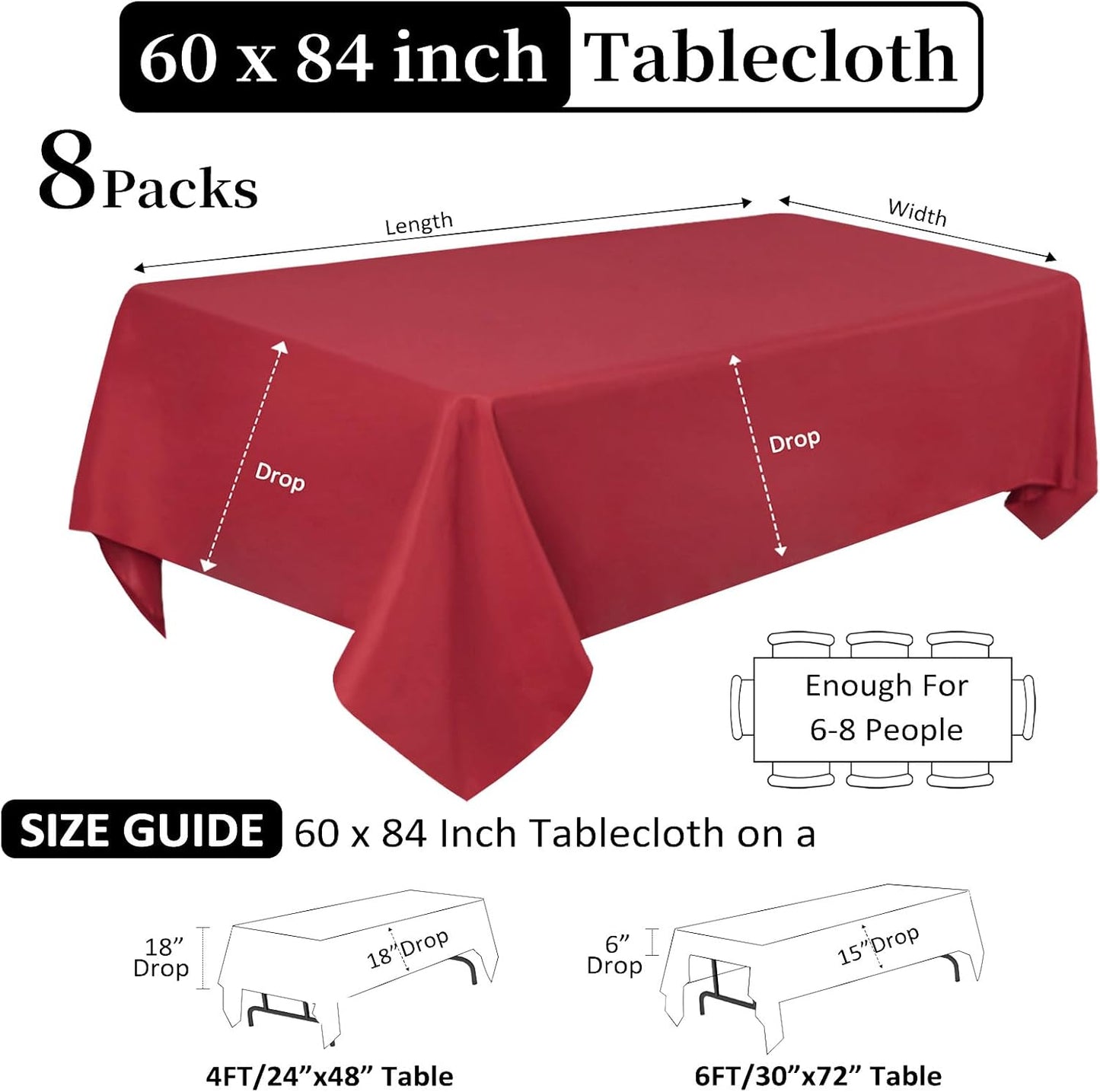 8 Pack Red Tablecloth 60 x 84 Inch Rectangular Tablecloths for 4 Foot Rectangle Tables, Wrinkle Resistant Red Table Cloth Washable Polyester Fabric Table Covers for Buffet Wedding Party Banquet