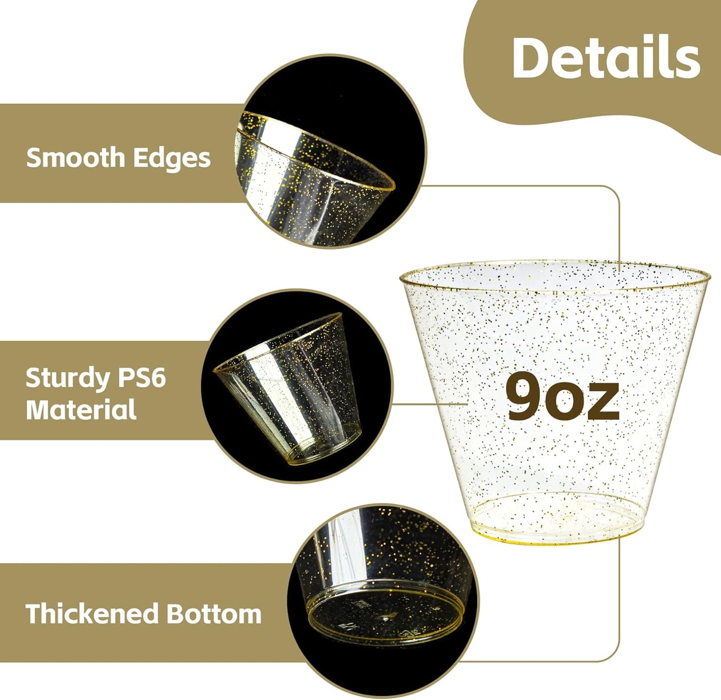 [200 Pack] 9oz Plastic Cups with Gold Glitter Sturdy & Food Safe Plastic Wine Glasses Disposable Cups Party Wedding Cups Cocktail Glasses for Wine, Juice & Cold Beverages