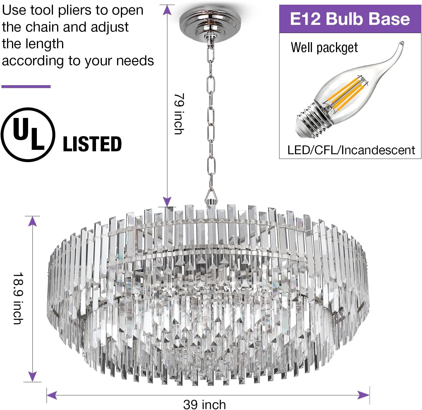 Crystal Chandelier Lighting 39'' for Dining Rooms Bedroom Foyer Entryway Ceiling Hanging Pendant Chandelier Light Fixture Lamp