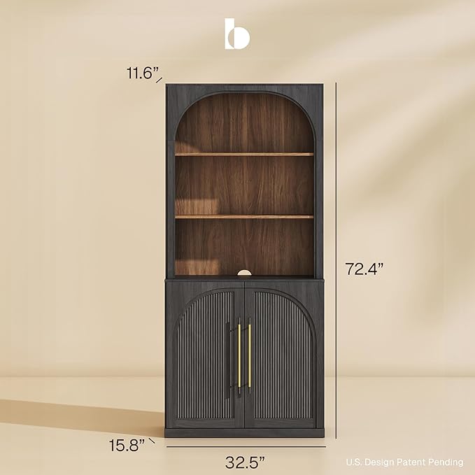 BELLEZE Storage Cabinet with Hutch Set of 2, Curved Styling Door Cabinet Curio - Image 2