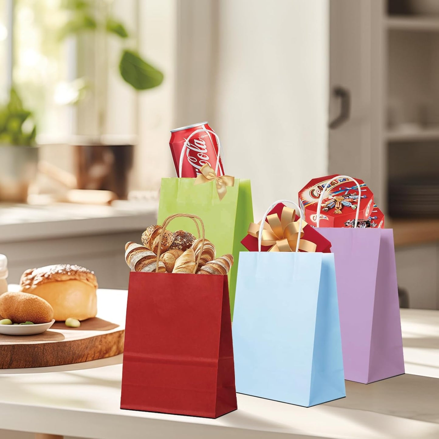 BAG BOX 25 Pack Small 5.9x3.1x8.25 Inch Green Kraft Paper Gift Bags with Handles for Bulk Shopping, Retail, Craft, Party Favors, Wedding, Grocery & Sacks