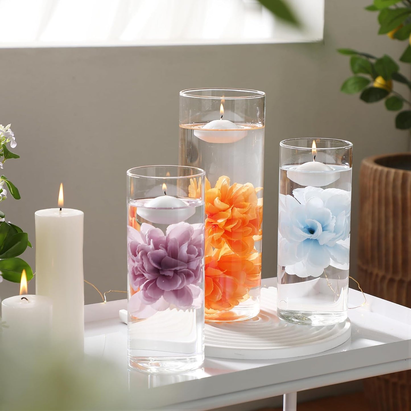 24 Pcs Floating Candles for Centerpieces and Floating Flowers Artificial Flowers Head Vase Filler for Party Home Table Wedding Centerpieces Decoration (Blue)