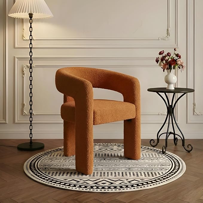 Modern Sherpa Barrel Dining Chair Upholstered Faux Fur Dining Room Chair by QUINJAY