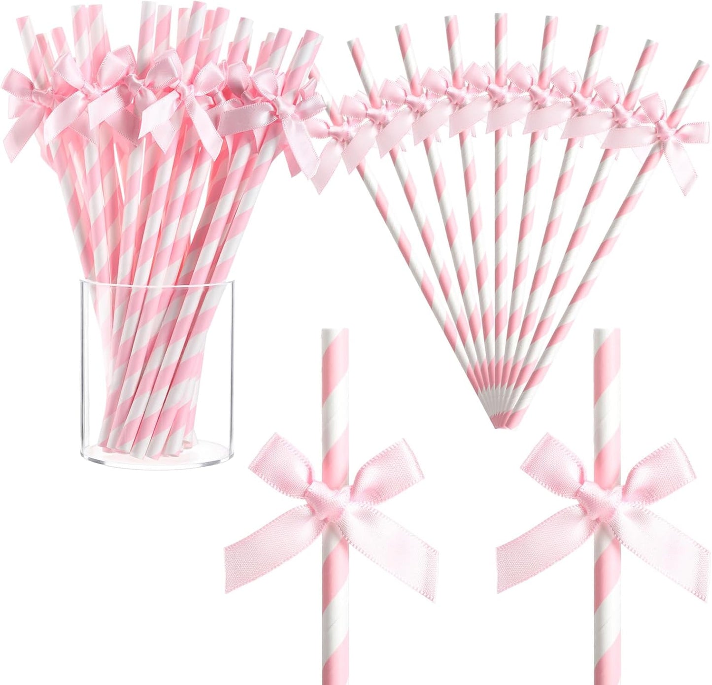 150 Pcs Pink Paper Straws for Drinking, Bow Disposable Striped Paper Straws Bulk Pink Theme Birthday Party Supplies for Wedding Cake Decorations Bachelorette Baby Shower