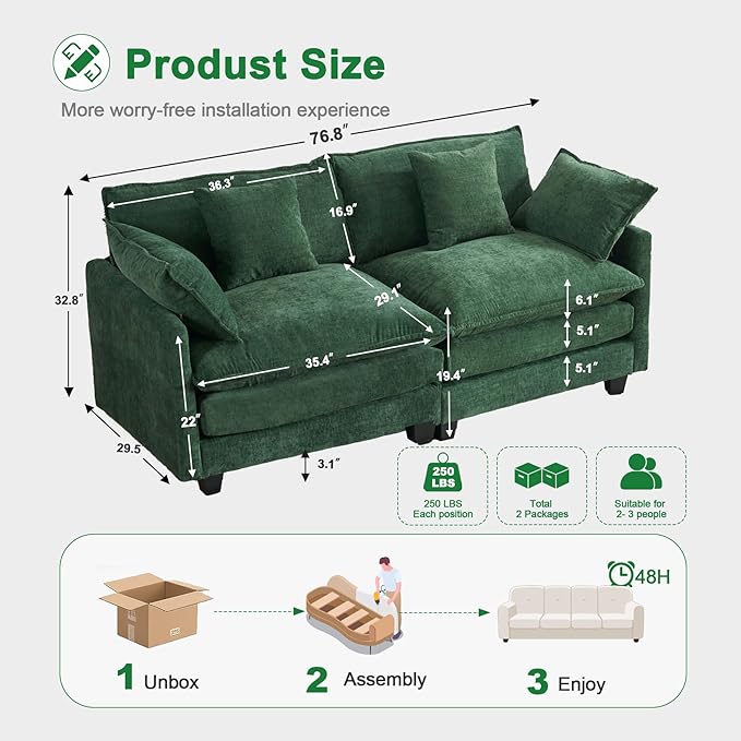 77" Cloud Chenille Sofa Set - Image 2