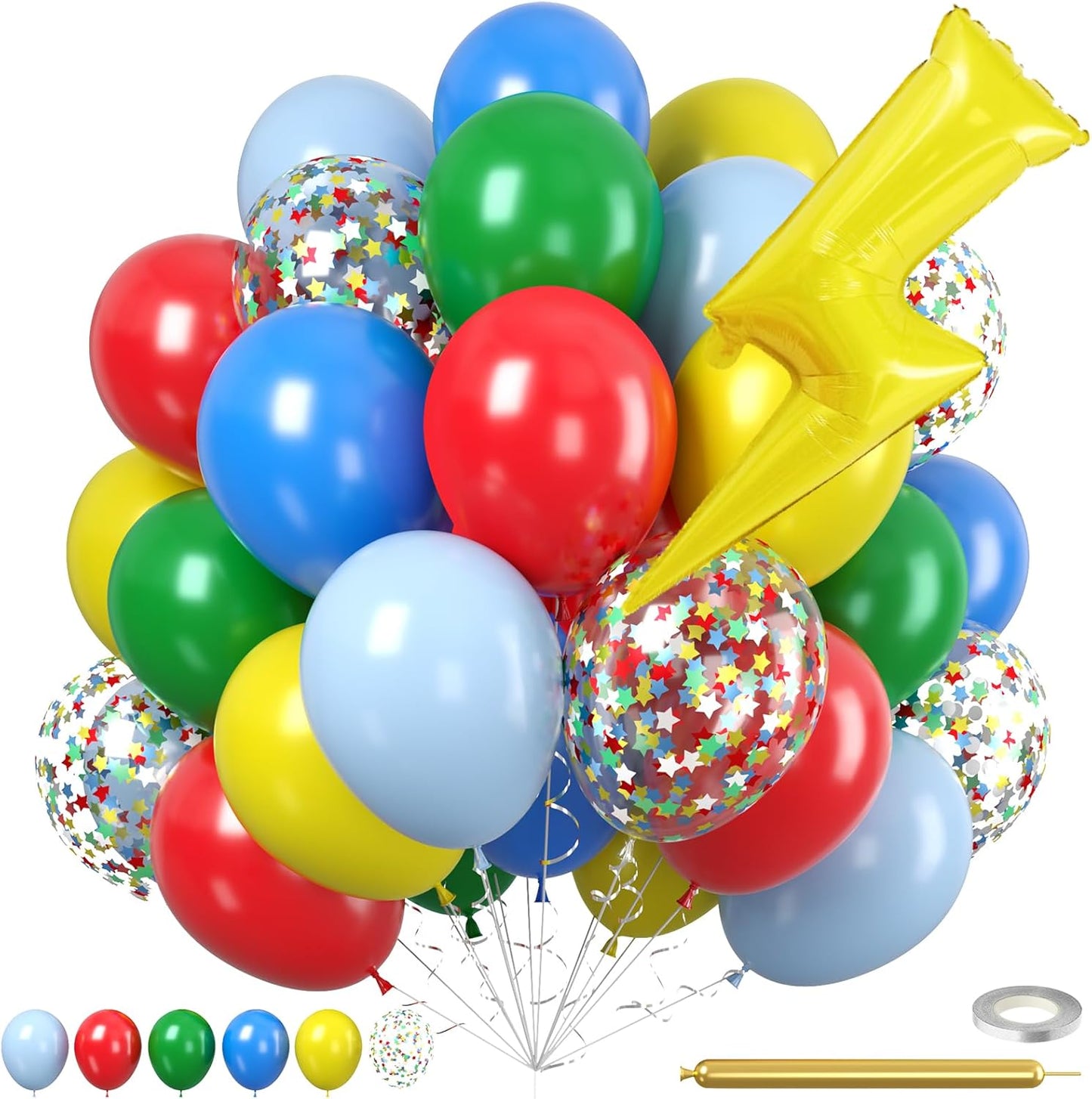 Red Green Blue Balloons, 60pcs Circus Carnival Balloons, Star Colorful Confetti Gold Long Balloon With Lightning Foil Balloon For Birthday Baby Shower Circus Carnival Theme Party Wedding Decoration