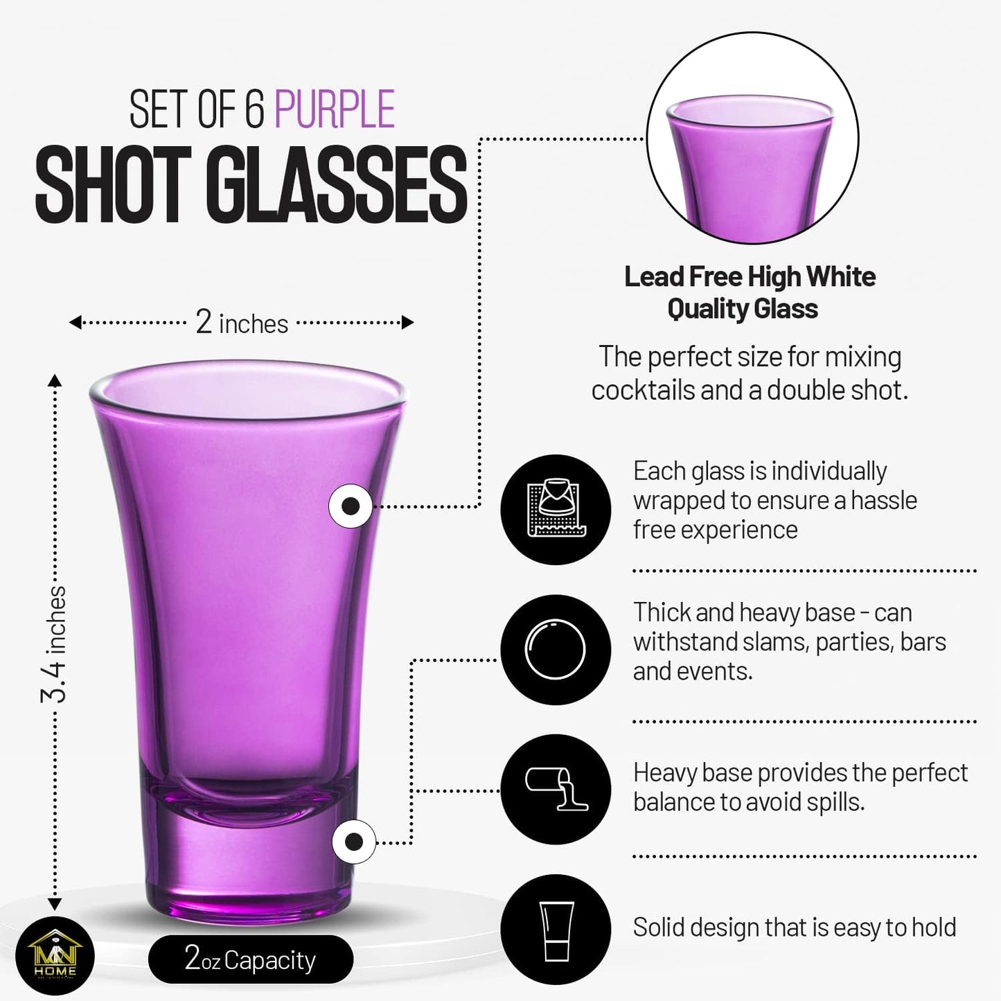 M&N HOME Purple Shot Glasses, 2 Oz Set of 6, Whiskey, Tequila, Cocktail, Round Glasses for Vodka, Spirits & Liquors
