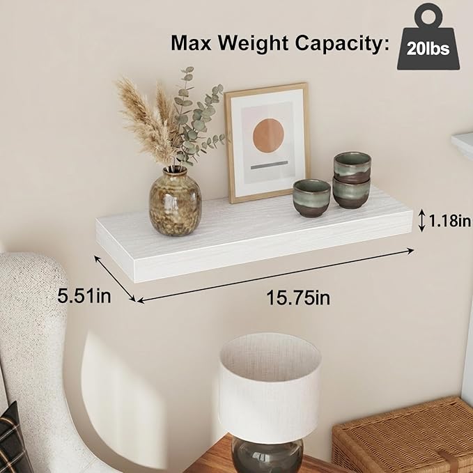 Fixwal White Shelves for Wall, 15.7in Rustic Wood Finish Floating Wall Shelves - Image 3