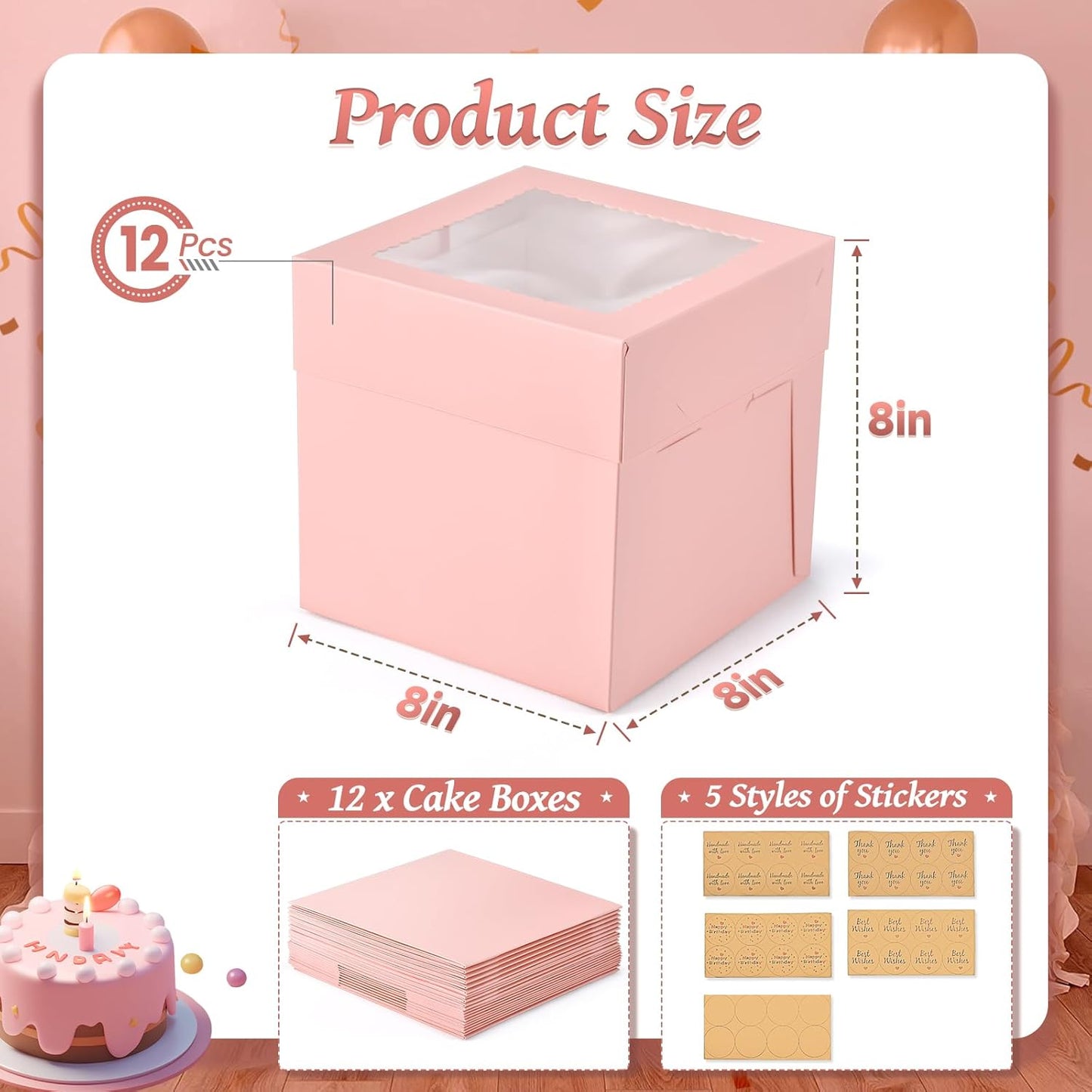 12Pcs 8x8x8 Inches Cake Boxes, Pink Square Bakery Boxes with Window, Disposable Cake Carrier Container for Pastries, Pie, Cookies, Chocolates, Cupcakes, Birthday Party, Wedding