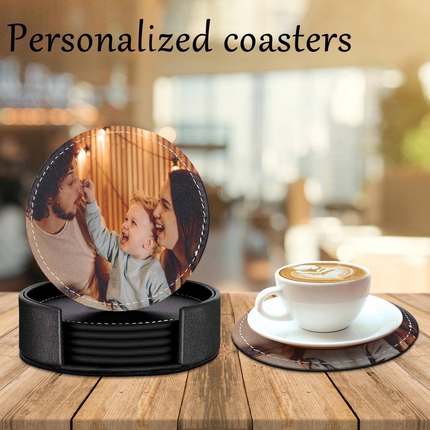 Custom Coasters Set of 6, Personalized Leather Coasters for Drinks with Holder, Customized Coasters Name, Photo, Logo for Coffee Table Bar Wine Cup Housewarming