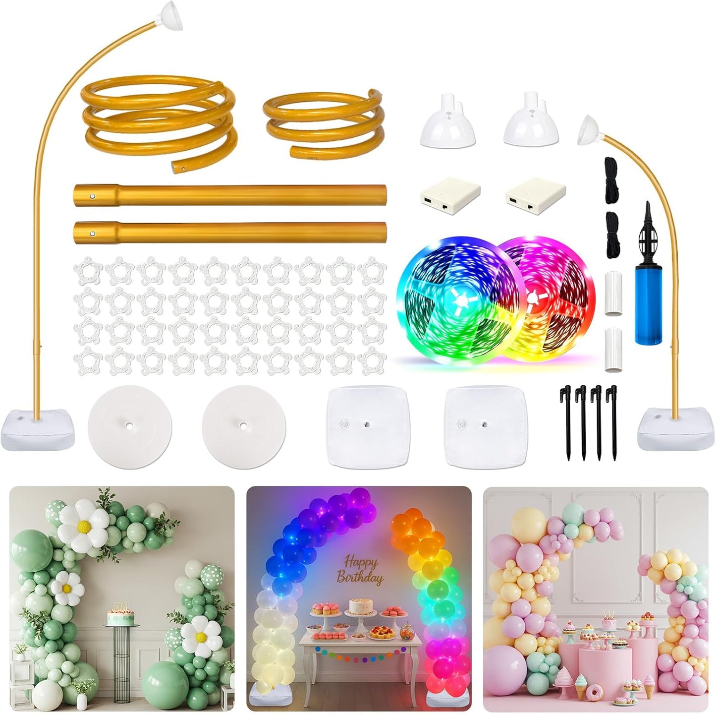 OurWarm Balloon Arch Kit with LED Lights, 9.35FT & 6FT Free Bending Half Balloon Arch Stand with Base, Gold Backdrop Stand for Wedding Birthday Party Baby Shower Yard Lawn Graduation Decorations