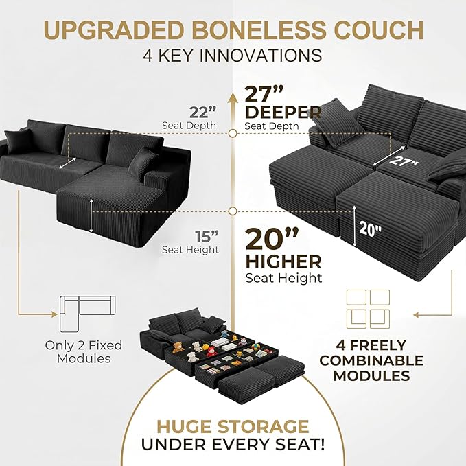 Upgrade Boneless Couch with Storage, Extra Deep&High Seat Modular Sectional - Image 6