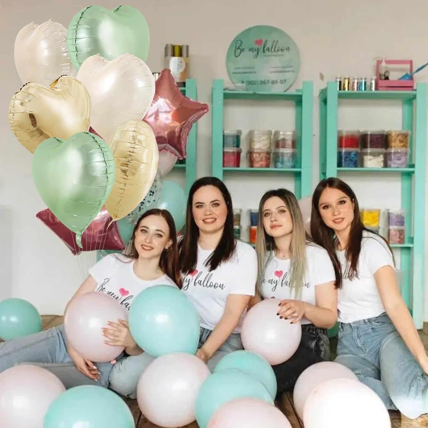 TONIFUL 15Pcs Sage Green Gold Heart Balloons 18 Inch Green Cream White Heart Shape Foil Mylar Balloons Decoration for Jungle Woodland Birthday Party Baby Shower Supplies