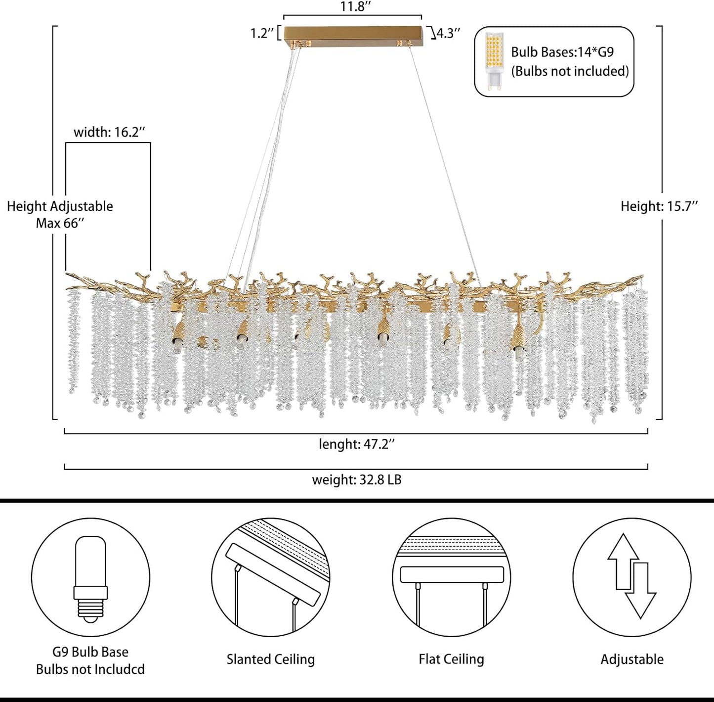 YUYI Modern Crystal Chandelier, 47.2" Gold Tree Branch Chandeliers for Dining Room, Large Rectangular Chandelier, Luxury Ceiling Light Fixture for Living Room, Kitchen Island, Foyer, 5 Year Warranty