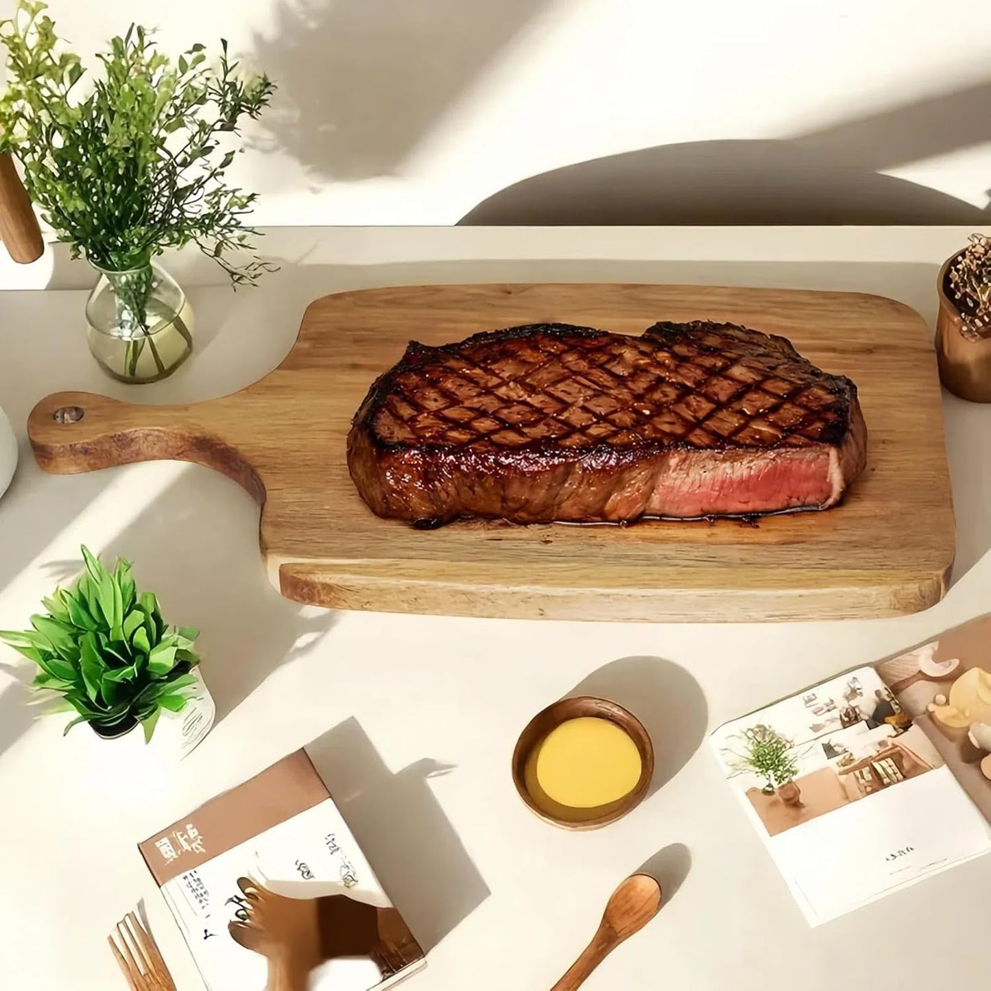 3 PACK Acacia Wood Chopping Boards with Handle, Wooden Charcuterie Board Food Serving Tray Platter for Cheese Pizza Meat Fruit Bread Baking