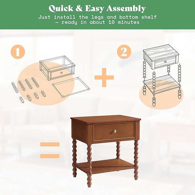 AMERLIFE 24" Wooden Nightstand Set of 2, Vintage Bedside Table - Image 4