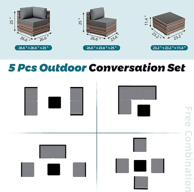 SUNLEI 5 Piece Patio Furniture Sets, Low Back All-Weather Rattan Sectional Sofa - Image 5