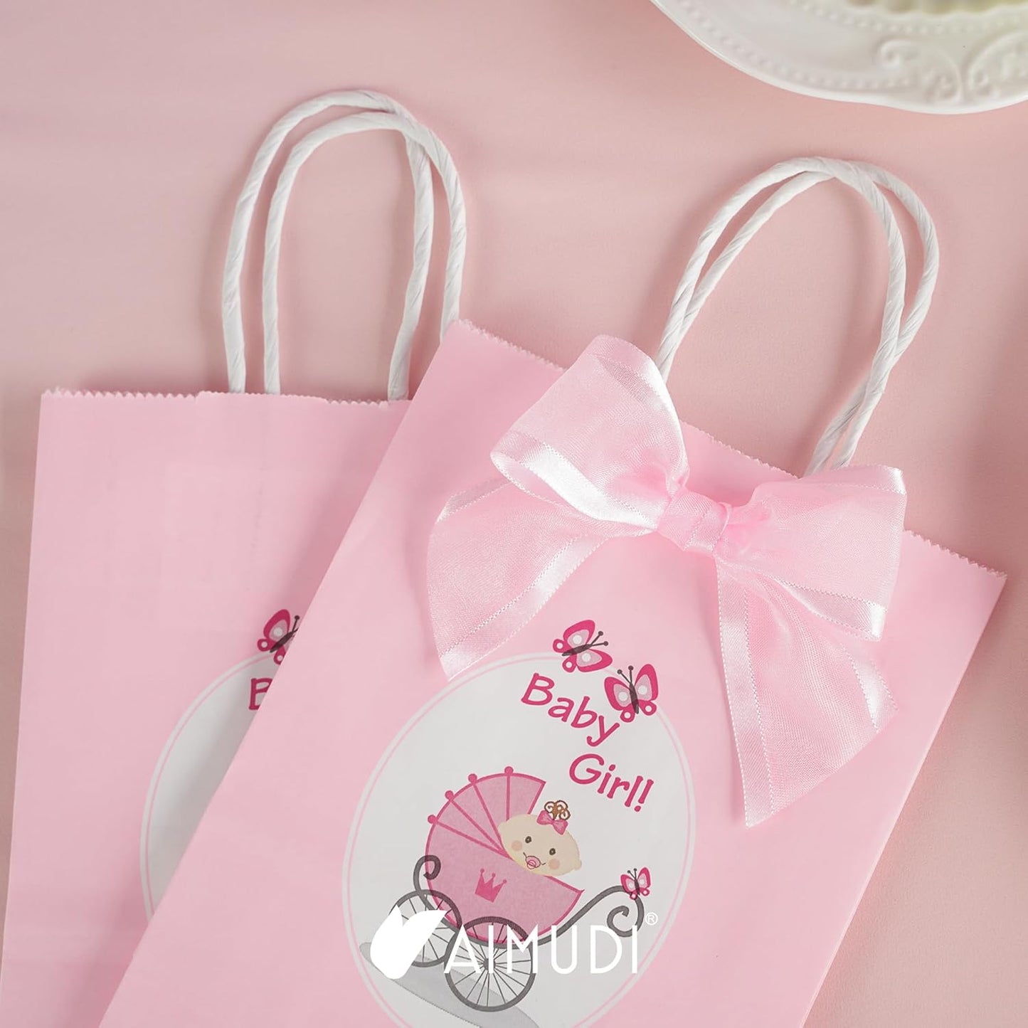 AIMUDI Pink Ribbon Bows 4" Organza Bows Premade Twist Ties Bows for Gift Wrapping Crafts Treat Bags Baskets Cake Pop Baby Shower Birthday Wedding Decor - 12 Counts