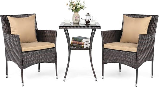 Tangkula 3 Pieces Patio Wicker Bistro Set, 2 Rattan Chairs w/ 2-Tier Tempered by TANGKULA