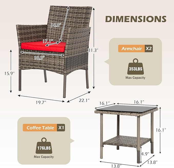FDW 3 Piece Outdoor Furniture Set Patio Gray Wicker Chairs Furniture Bistro - Image 3