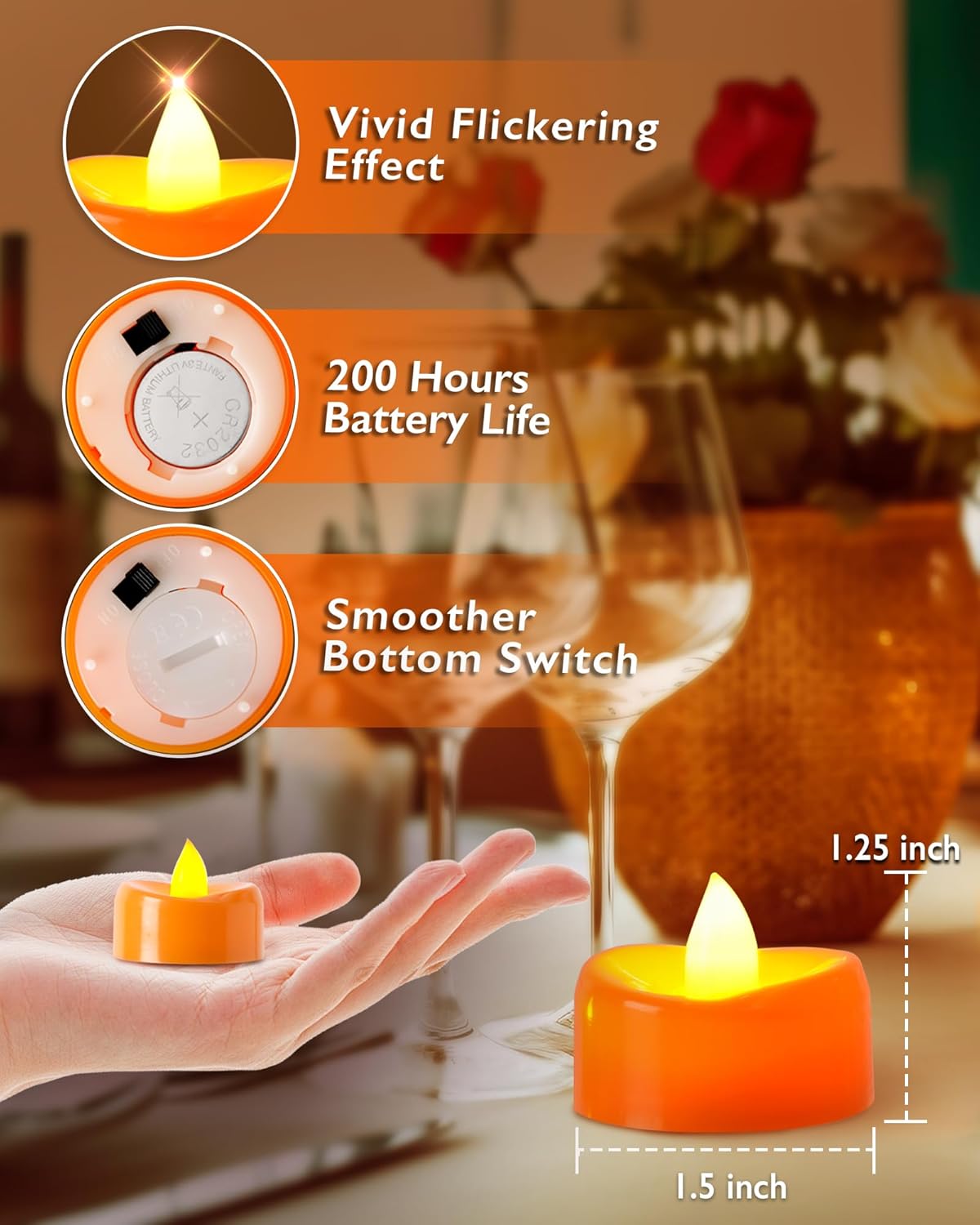 Raycare Orange LED Tea Lights Battery Operated, 200+Hour Flickering Votive Candles,Realistic Fake Flameless Tea Lights for Wedding Party Halloween Thanksgiving Christmas Decorations, 24 Pack
