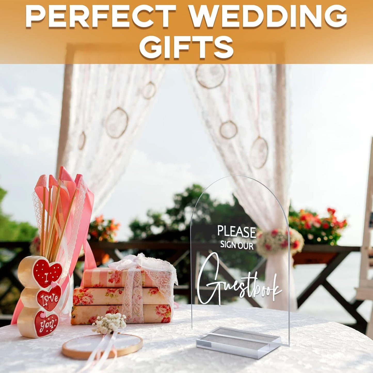 Chunful 4 Pcs Clear Acrylic Wedding Sign with Stand for Ceremony Reception 5 x 7 Guest Book Cards and Gifts In Loving Memory Favors Please Take One Table Sign for Wedding(Elegant White,Fresh Style)