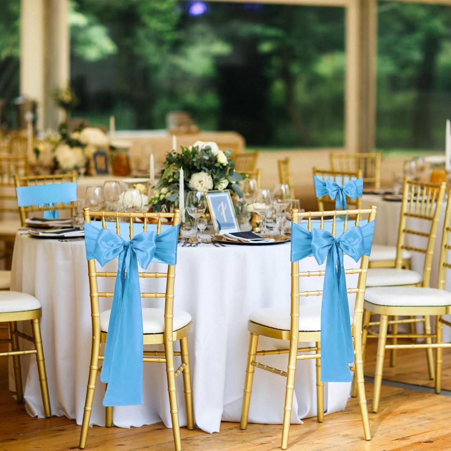 50 PCS Baby Blue Satin Chair Sashes Bows Universal Chair Ribbon Ties Back Sash for Wedding Party Reception Events Banquets Hotel Event Chair Cover Decoration (7x108 inch)