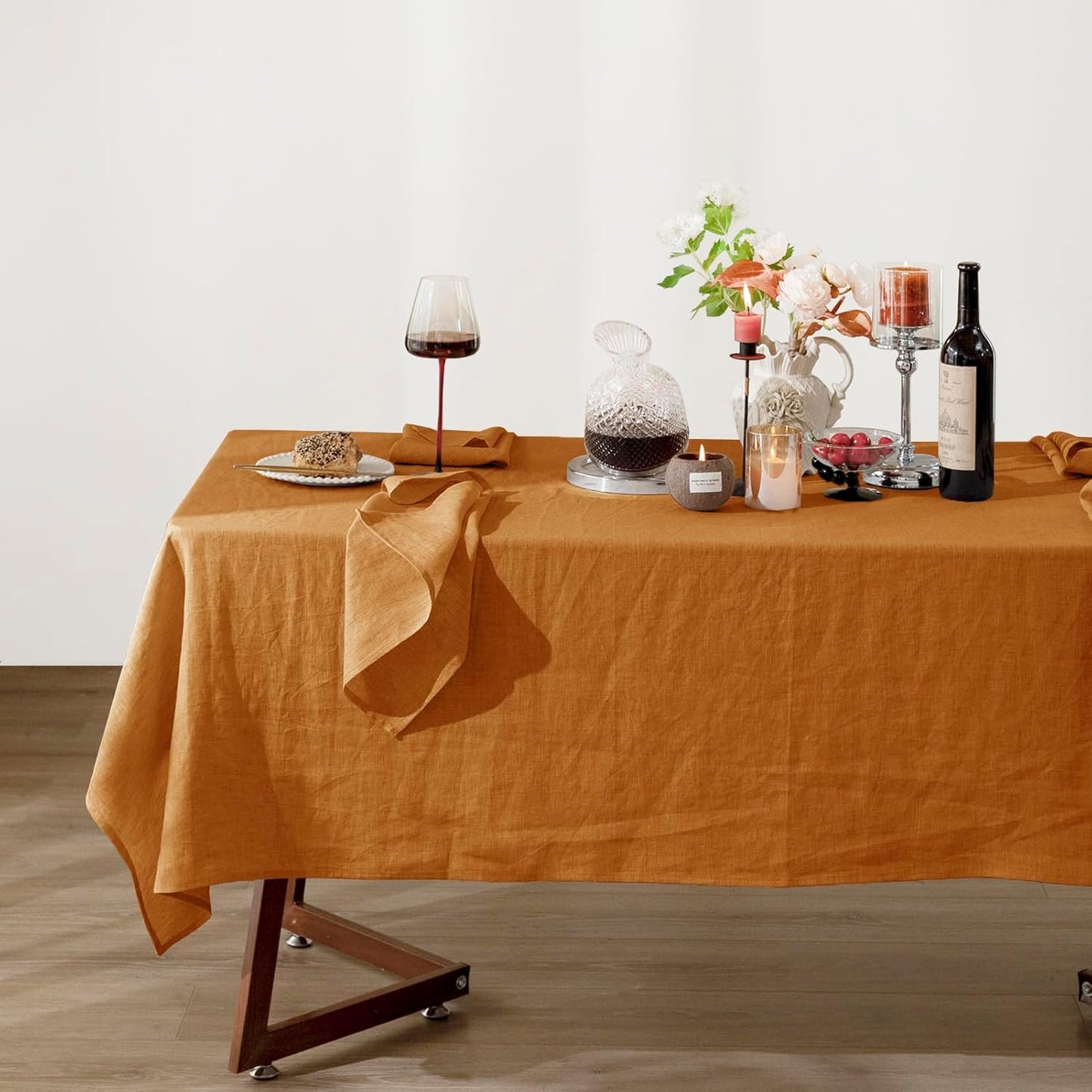 Talasily Linen Tablecloth 100% Pure Linen Table Cloth 60x108 Inches Rectangle Tablecloths Washable Cloths for Kitchen, Dining, Buffet Parties, Holidays, Picnic, Weddings and Restaurants-Caramel