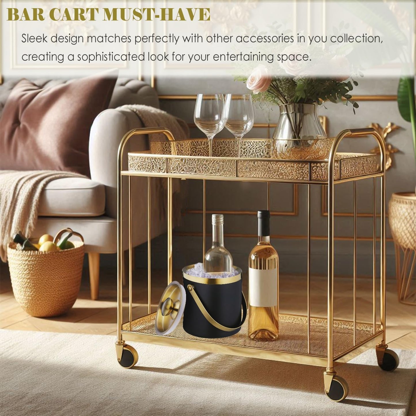 Ice Bucket with Lid, Handle and Tong Black Gold Insulated Stainless Steel Champagne Bucket 2L Wine Bucket for Party Bar Cart Accessories Large Double Wall Bucket Keep Frozen